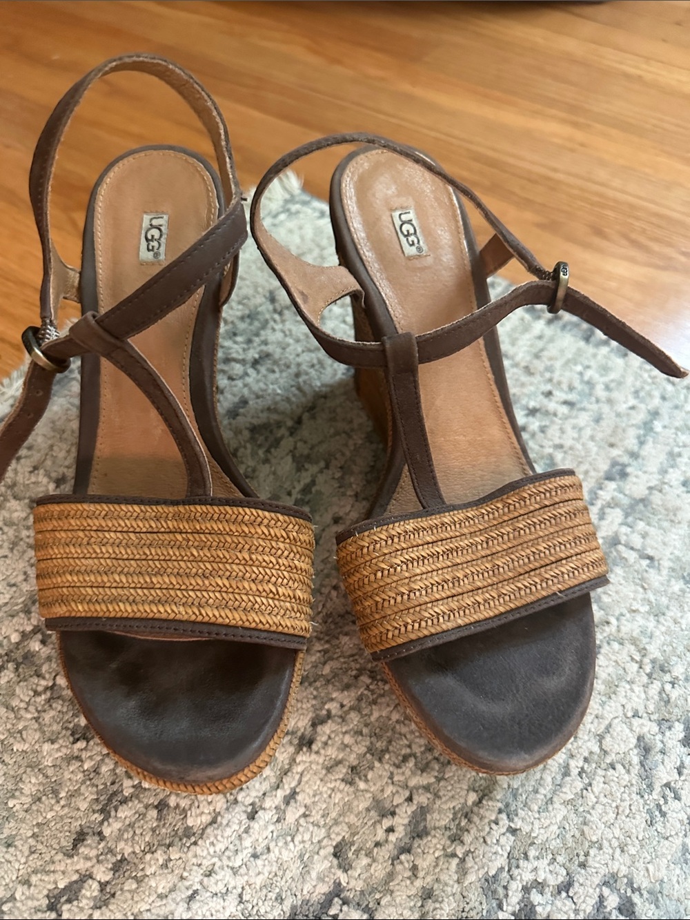 UGG Brown Woven Leather T-Strap Wedge Sandals